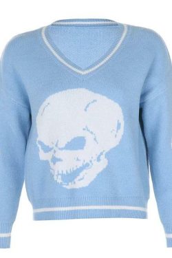 Y2K Grunge Skull Print Sweater - Retro 90s Fashion, Gothic Y2K, Dark Y2K Outfits