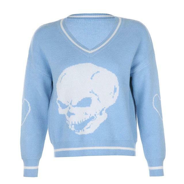 Y2K Grunge Skull Print Sweater - Retro 90s Fashion, Gothic Y2K, Dark Y2K Outfits