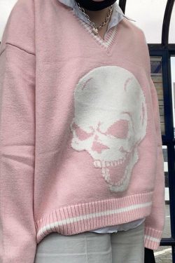 Y2K Grunge Skull Print Sweater - Retro 90s Fashion, Gothic Y2K, Dark Y2K Outfits