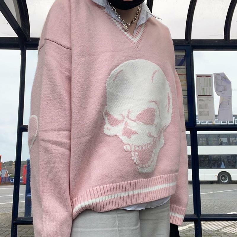 Y2K Grunge Skull Print Sweater - Retro 90s Fashion, Gothic Y2K, Dark Y2K Outfits