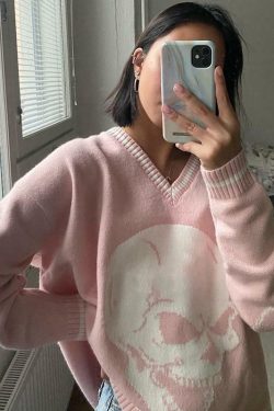 Y2K Grunge Skull Print Sweater - Retro 90s Fashion, Gothic Y2K, Dark Y2K Outfits