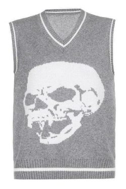 Y2K Grunge Skull Print Sweater - Retro 90s Fashion, Gothic Y2K, Dark Y2K Outfits
