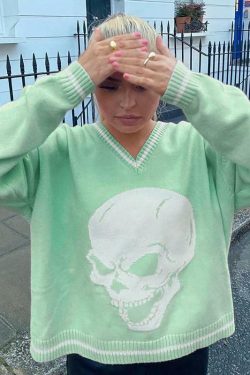 Y2K Grunge Skull Print Sweater - Retro 90s Fashion, Gothic Y2K, Dark Y2K Outfits