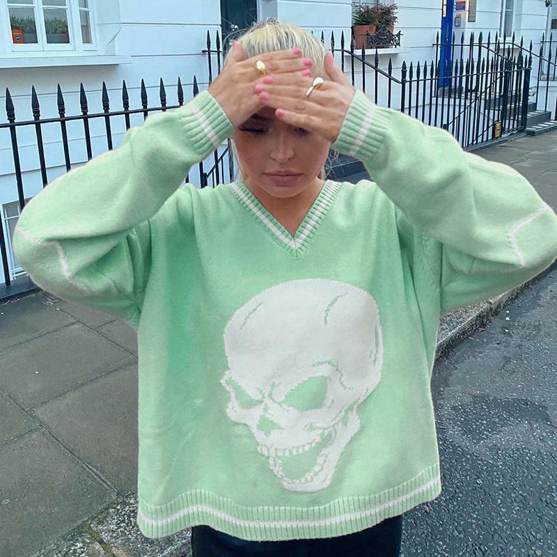 Y2K Grunge Skull Print Sweater - Retro 90s Fashion, Gothic Y2K, Dark Y2K Outfits