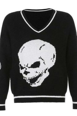 Y2K Grunge Skull Print Sweater - Retro 90s Fashion, Gothic Y2K, Dark Y2K Outfits