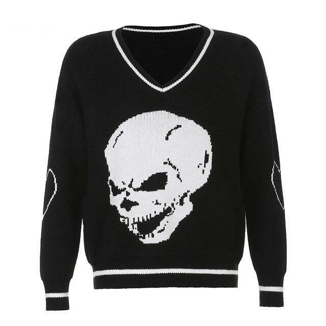Y2K Grunge Skull Print Sweater - Retro 90s Fashion, Gothic Y2K, Dark Y2K Outfits