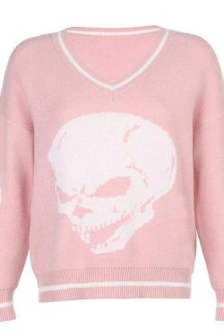 Y2K Grunge Skull Print Sweater - Retro 90s Fashion, Gothic Y2K, Dark Y2K Outfits