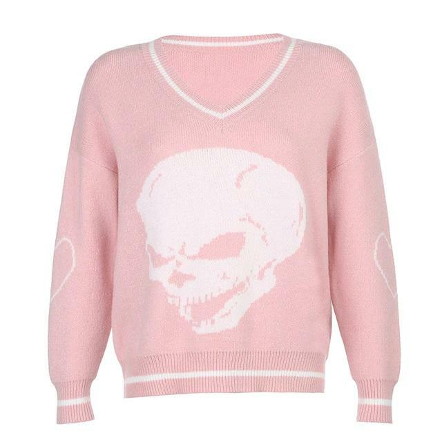 Y2K Grunge Skull Print Sweater - Retro 90s Fashion, Gothic Y2K, Dark Y2K Outfits