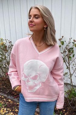 Y2K Grunge Skull Print Sweater - Retro 90s Fashion, Gothic Y2K, Dark Y2K Outfits