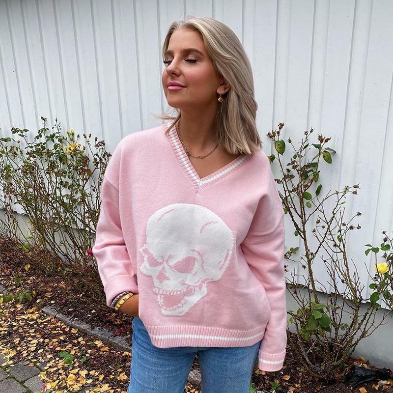 Y2K Grunge Skull Print Sweater - Retro 90s Fashion, Gothic Y2K, Dark Y2K Outfits