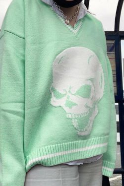 Y2K Grunge Skull Print Sweater - Retro 90s Fashion, Gothic Y2K, Dark Y2K Outfits