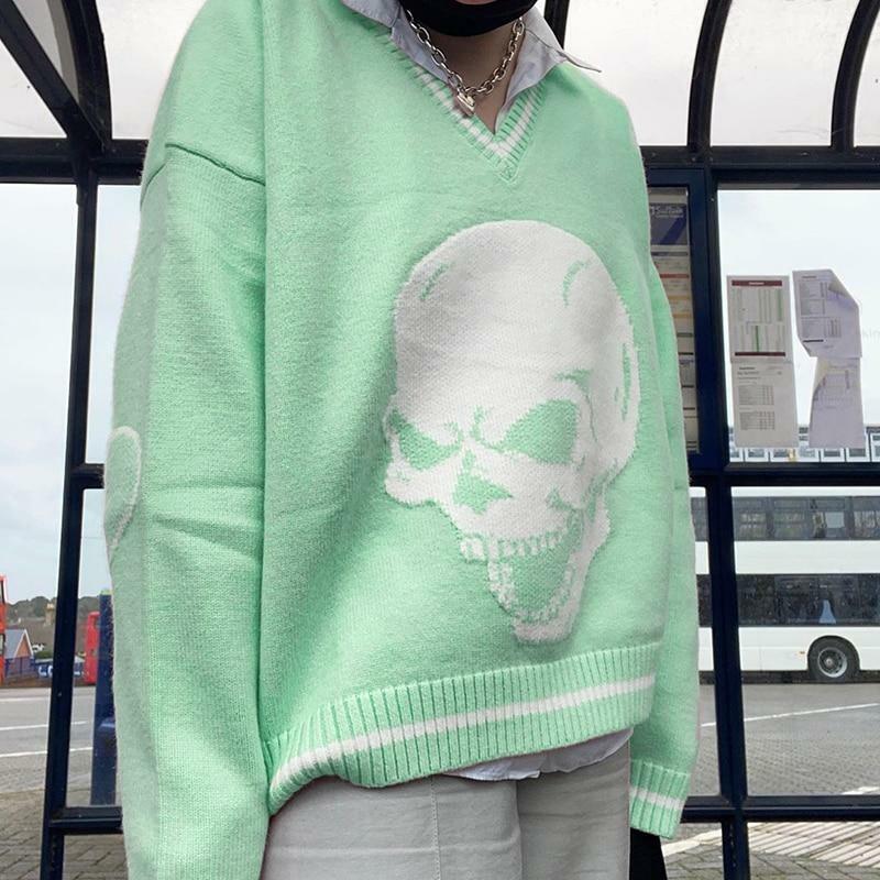 Y2K Grunge Skull Print Sweater - Retro 90s Fashion, Gothic Y2K, Dark Y2K Outfits