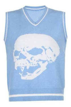 Y2K Grunge Skull Print Sweater - Retro 90s Fashion, Gothic Y2K, Dark Y2K Outfits