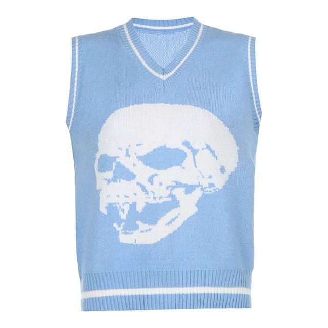 Y2K Grunge Skull Print Sweater - Retro 90s Fashion, Gothic Y2K, Dark Y2K Outfits