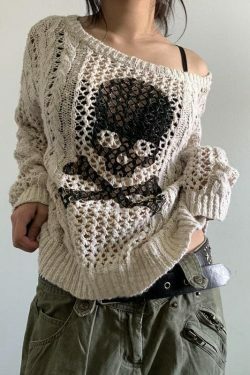 Y2K Grunge Skull Retro Sweater - 90s Fashion, Gothic Y2K, Pastel Goth, Y2K Club Outfits