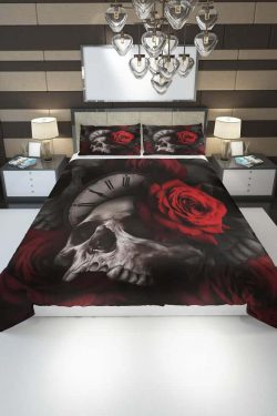 Y2K Grunge Skull Rose Clock Duvet Cover Set - Retro 90s Goth Pastel Summer Bedroom Decor