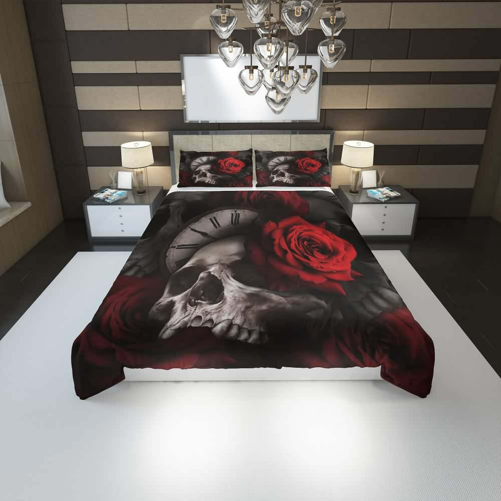 Y2K Grunge Skull Rose Clock Duvet Cover Set - Retro 90s Goth Pastel Summer Bedroom Decor