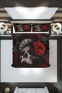 Y2K Grunge Skull Rose Clock Duvet Cover Set - Retro 90s Goth Pastel Summer Bedroom Decor