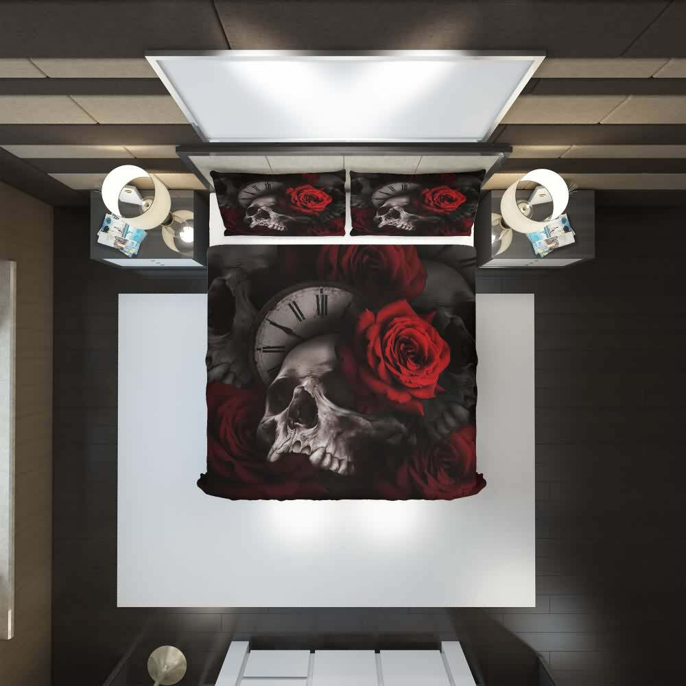 Y2K Grunge Skull Rose Clock Duvet Cover Set - Retro 90s Goth Pastel Summer Bedroom Decor