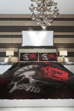 Y2K Grunge Skull Rose Clock Duvet Cover Set - Retro 90s Goth Pastel Summer Bedroom Decor