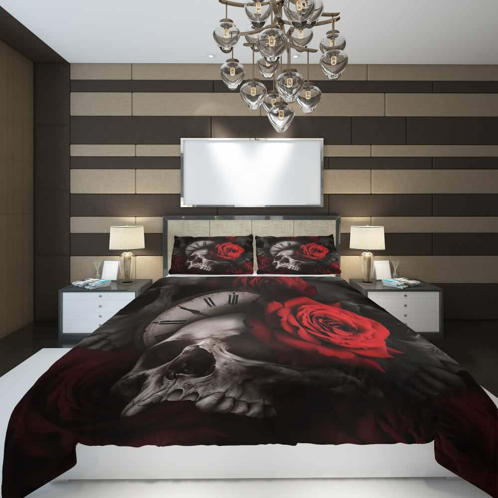 Y2K Grunge Skull Rose Clock Duvet Cover Set - Retro 90s Goth Pastel Summer Bedroom Decor