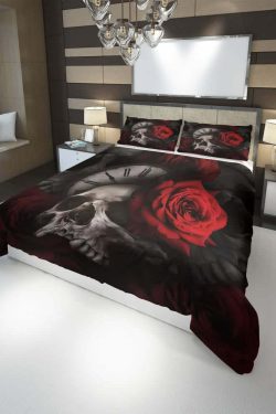 Y2K Grunge Skull Rose Clock Duvet Cover Set - Retro 90s Goth Pastel Summer Bedroom Decor