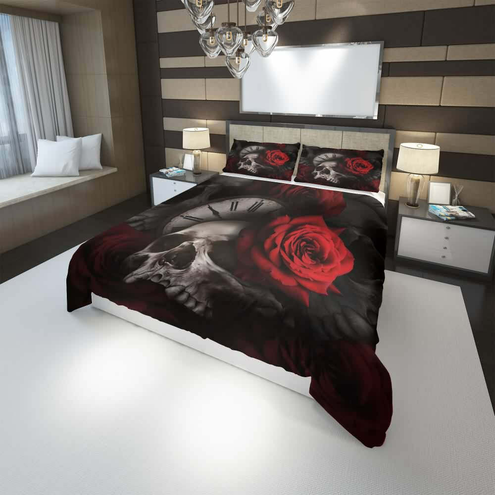 Y2K Grunge Skull Rose Clock Duvet Cover Set - Retro 90s Goth Pastel Summer Bedroom Decor