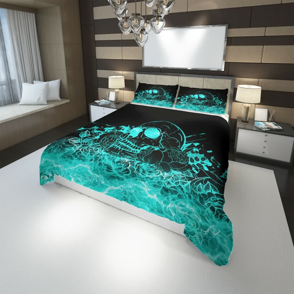 Y2K Grunge Skull Rose Duvet Cover Set - Retro 90s Goth Pastel Summer Bedroom Decor