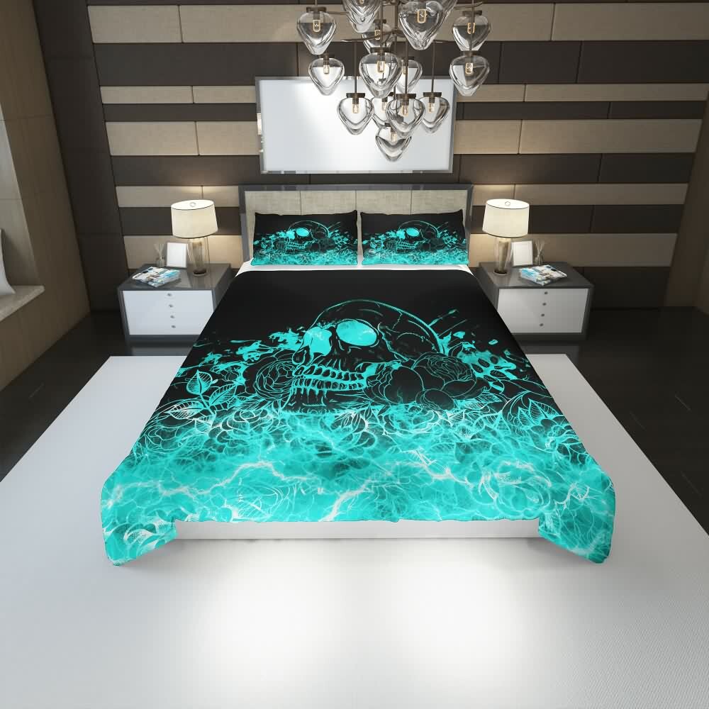 Y2K Grunge Skull Rose Duvet Cover Set - Retro 90s Goth Pastel Summer Bedroom Decor