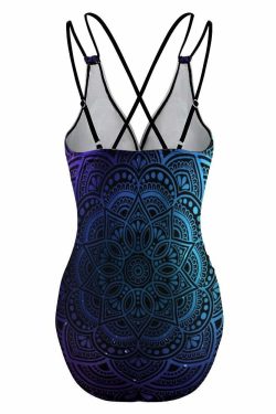 Y2K Grunge Skull Rose Mandala Push Up One Piece Swimsuit - Retro 90s Summer Beachwear