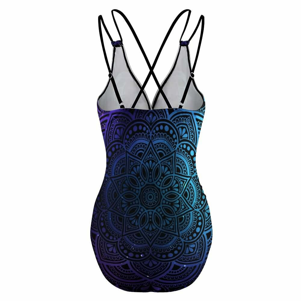 Y2K Grunge Skull Rose Mandala Push Up One Piece Swimsuit - Retro 90s Summer Beachwear