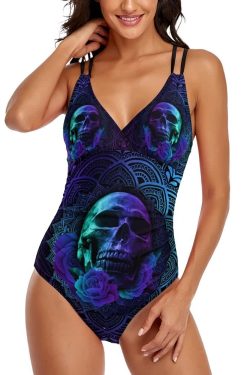 Y2K Grunge Skull Rose Mandala Push Up One Piece Swimsuit - Retro 90s Summer Beachwear