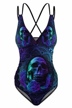 Y2K Grunge Skull Rose Mandala Push Up One Piece Swimsuit - Retro 90s Summer Beachwear