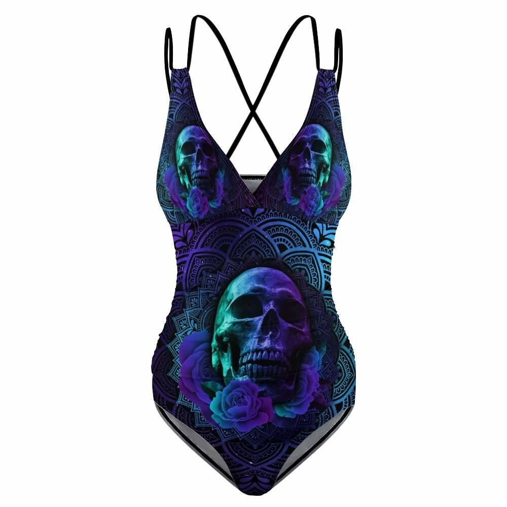 Y2K Grunge Skull Rose Mandala Push Up One Piece Swimsuit - Retro 90s Summer Beachwear