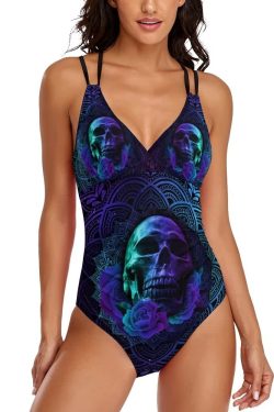 Y2K Grunge Skull Rose Mandala Push Up One Piece Swimsuit - Retro 90s Summer Beachwear