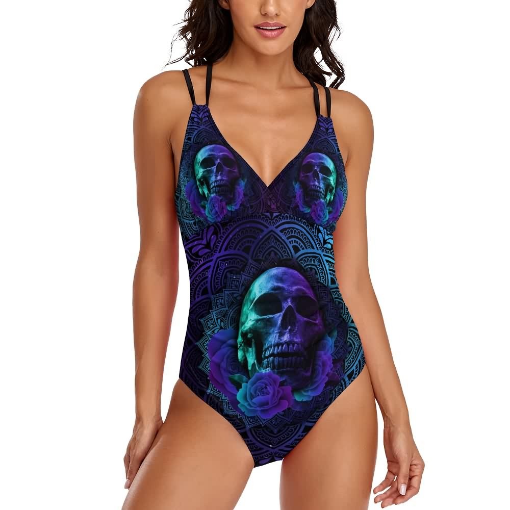 Y2K Grunge Skull Rose Mandala Push Up One Piece Swimsuit - Retro 90s Summer Beachwear