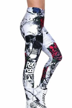 Y2K Grunge Skull Rose White Leggings - Retro 90s Fashion, Summer Outfits, Gothic Style