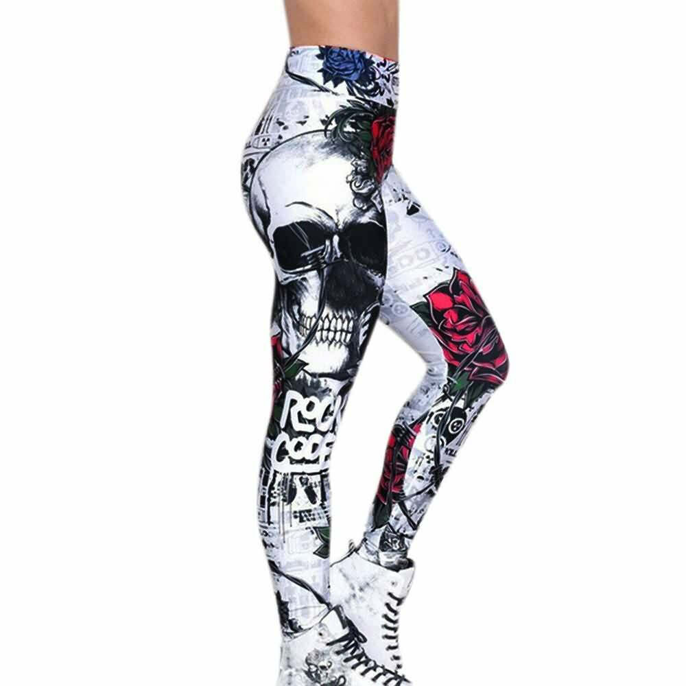 Y2K Grunge Skull Rose White Leggings - Retro 90s Fashion, Summer Outfits, Gothic Style