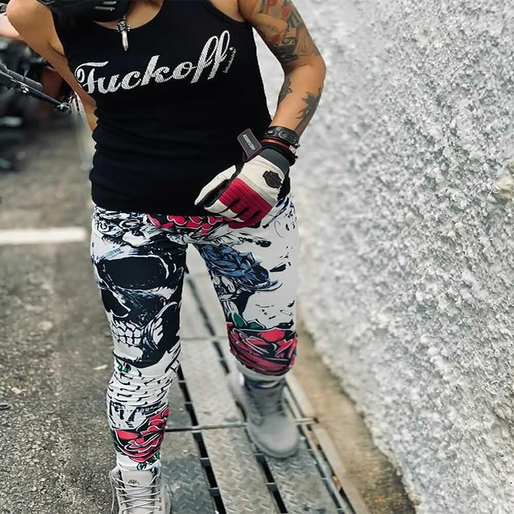 Y2K Grunge Skull Rose White Leggings - Retro 90s Fashion, Summer Outfits, Gothic Style