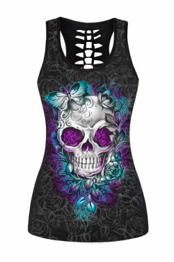 Y2K Grunge Skull Tank Top with Purple Glowing Rose - Retro 90s Summer Outfit