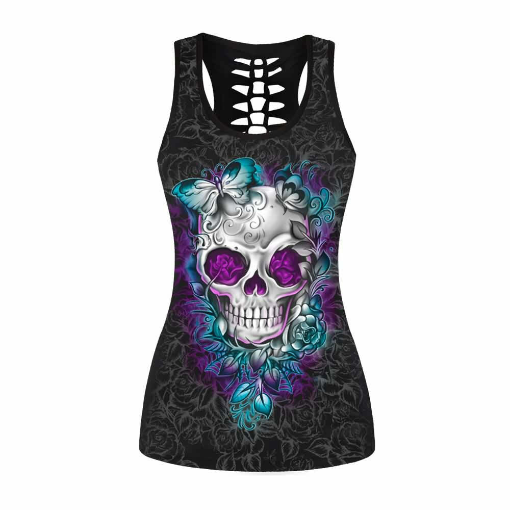 Y2K Grunge Skull Tank Top with Purple Glowing Rose - Retro 90s Summer Outfit
