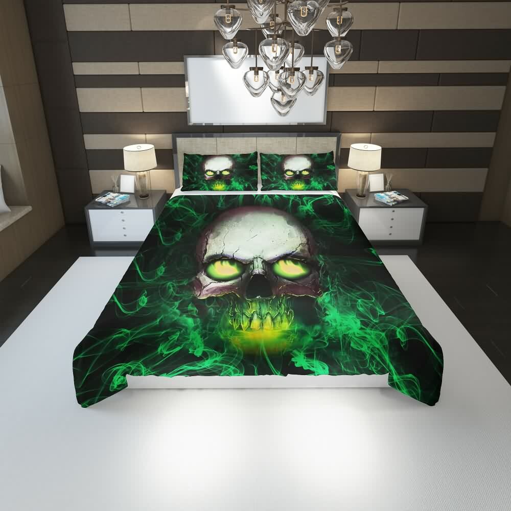 Y2K Grunge Skull With Glowing Eyes Duvet Cover Set - Retro 90s Goth Summer Bedroom Decor