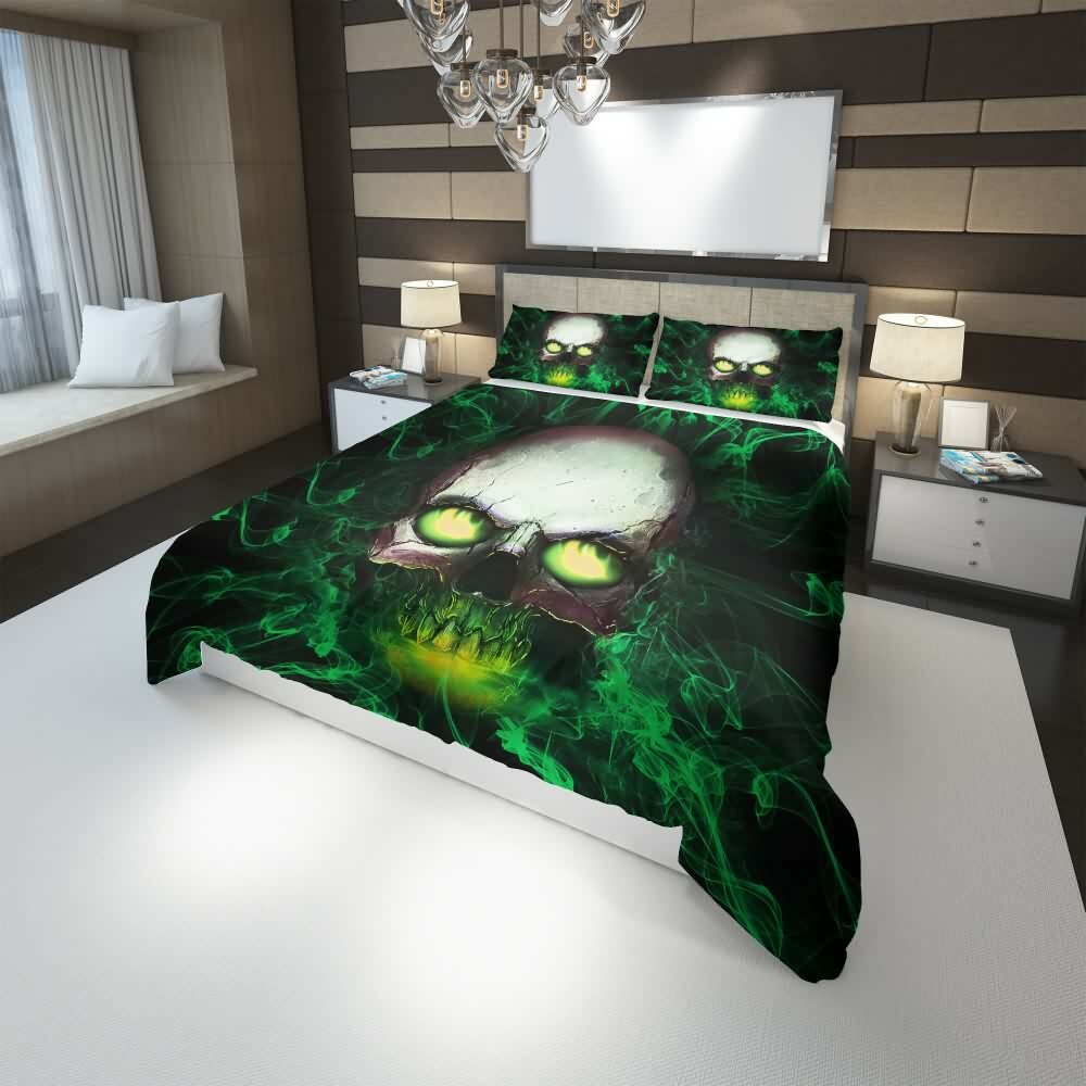 Y2K Grunge Skull With Glowing Eyes Duvet Cover Set - Retro 90s Goth Summer Bedroom Decor