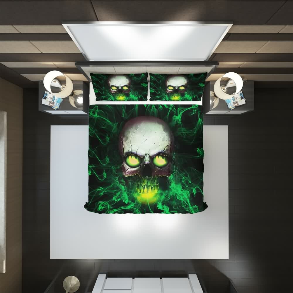 Y2K Grunge Skull With Glowing Eyes Duvet Cover Set - Retro 90s Goth Summer Bedroom Decor