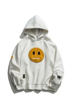 Y2K Grunge Smiley Patch Hoodie - Retro 90s Fashion, Summer Y2K Outfits, Pastel Goth Style