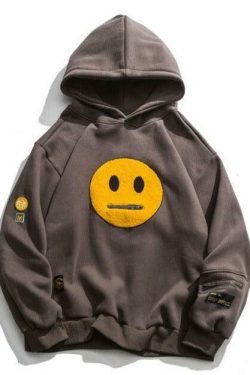 Y2K Grunge Smiley Patch Hoodie - Retro 90s Fashion, Summer Y2K Outfits, Pastel Goth Style