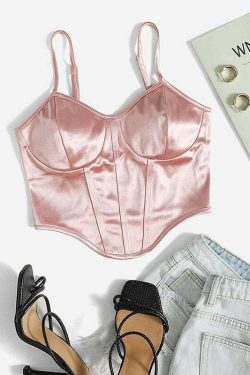Y2K Grunge Soft Girl Bustier Satin Top - Champagne Pink Retro 90s Fashion Party Outfit
