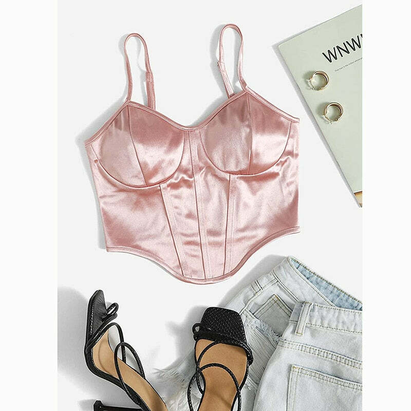 Y2K Grunge Soft Girl Bustier Satin Top - Champagne Pink Retro 90s Fashion Party Outfit