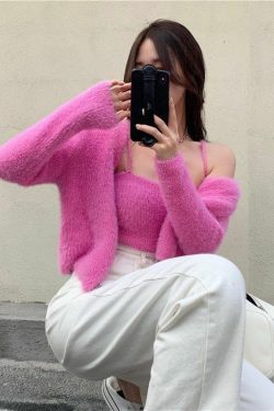 Y2K Grunge Soft Girl Cardigan Camisole Sweater Set - 90s Retro Summer Outfit