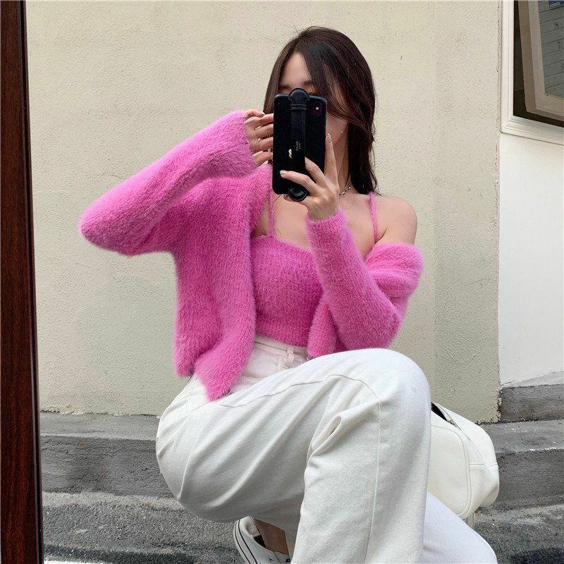 Y2K Grunge Soft Girl Cardigan Camisole Sweater Set - 90s Retro Summer Outfit